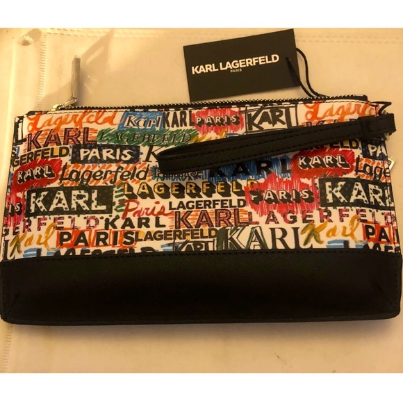 Karl Lagerfeld Faux Leather White,Black & Rainbow Scribble Wristlet NWT - Picture 8 of 10